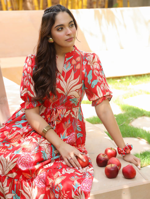 Women Floral Print Puff Sleeve Pure Cotton Fit & Flare Midi Dress